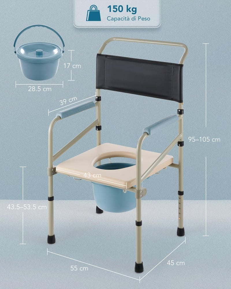 VONOYA összecsukható WC szék 150 kg, párnázott ülőkével, magasságállítható, időseknek
