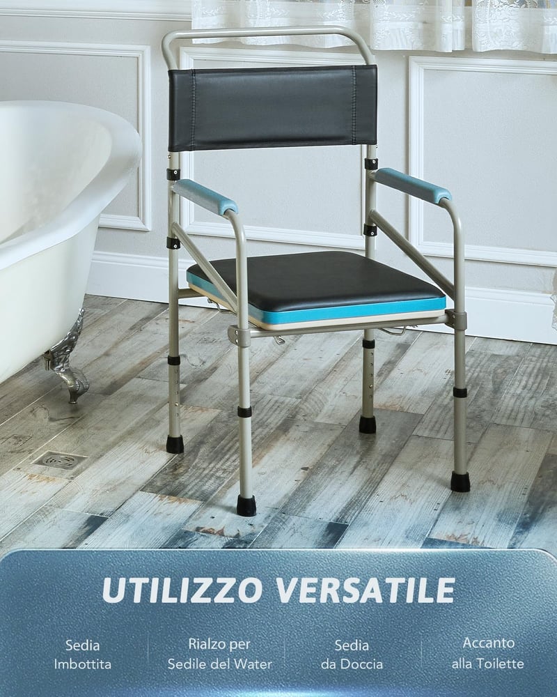 VONOYA összecsukható WC szék 150 kg, párnázott ülőkével, magasságállítható, időseknek
