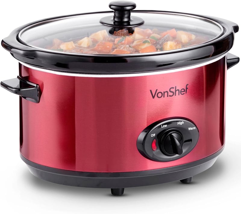 VonShef Lassú Főző 6,5L Piros Elektromos Főzőedény Üveg Fedéllel Rozsdamentes Acél 290W Crockpot Ételkészítő