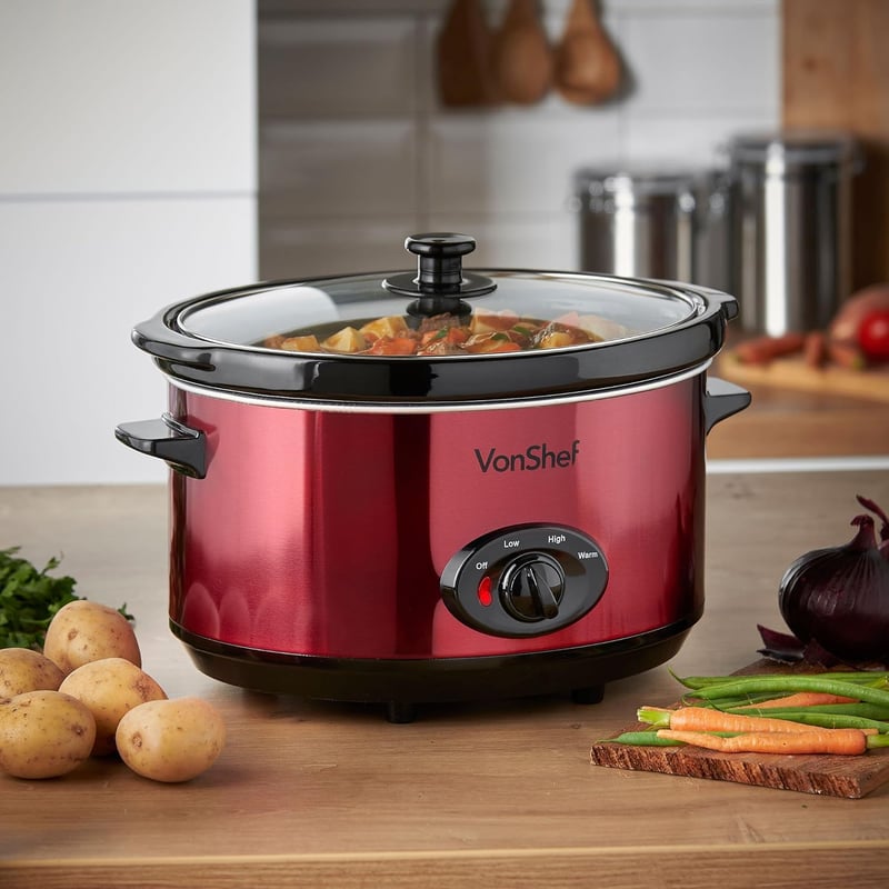 VonShef Lassú Főző 6,5L Piros Elektromos Főzőedény Üveg Fedéllel Rozsdamentes Acél 290W Crockpot Ételkészítő