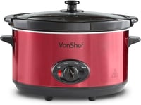 VonShef Lassú Főző 6,5L Piros Elektromos Főzőedény Üveg Fedéllel Rozsdamentes Acél 290W Crockpot Ételkészítő 4