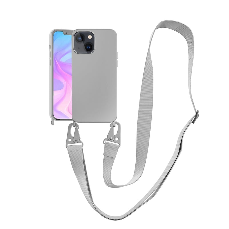 VooDirop silikónový kryt na iPhone 13 na krk s nylonovým remienkom a crossbody taškou, strieborný