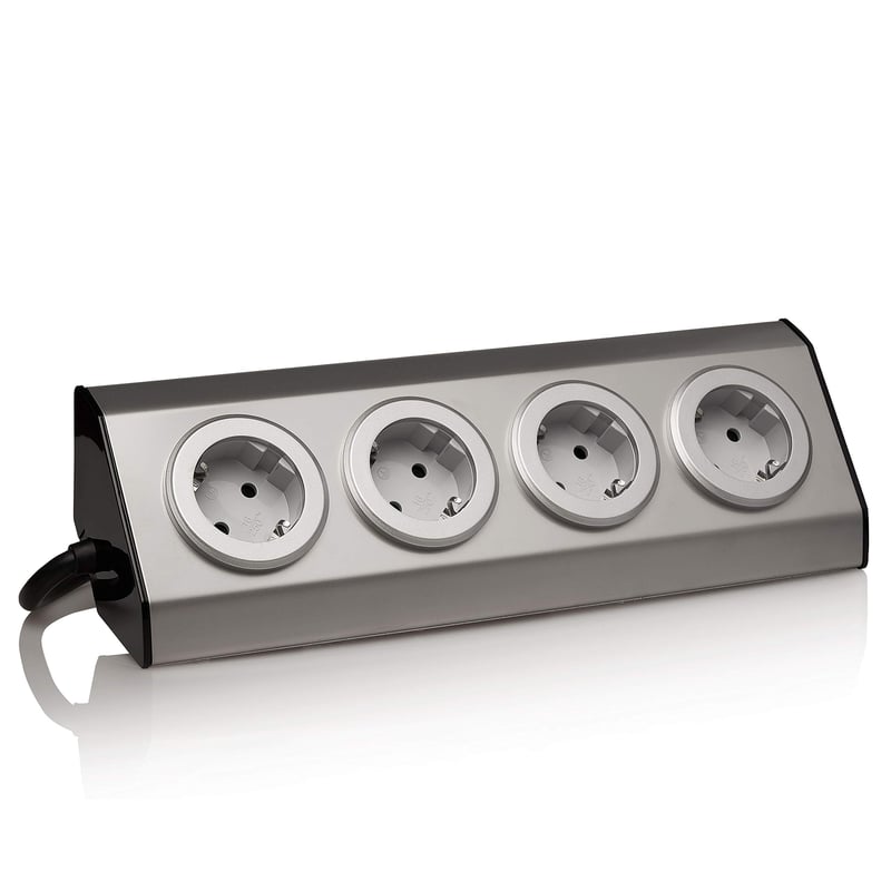 Vorex Kutni Priključak od Nehrđajućeg Čelika - 4 Schuko Utičnice s USB-om, Srebrni, Samoljepljivi, Montaža pod 45°, Za Kuhinjske i Uredske Radne Ploče, 3600W, 230