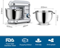 Robot de bucătărie Vospeed cu 6 viteze, argintiu, cu bol de mixare de 6,2 QT, tel, cârlig pentru aluat și separator de ouă 4