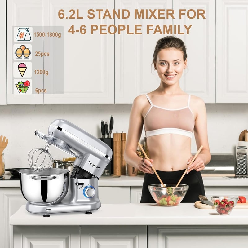 Robot de bucătărie Vospeed cu 6 viteze, argintiu, cu bol de mixare de 6,2 QT, tel, cârlig pentru aluat și separator de ouă