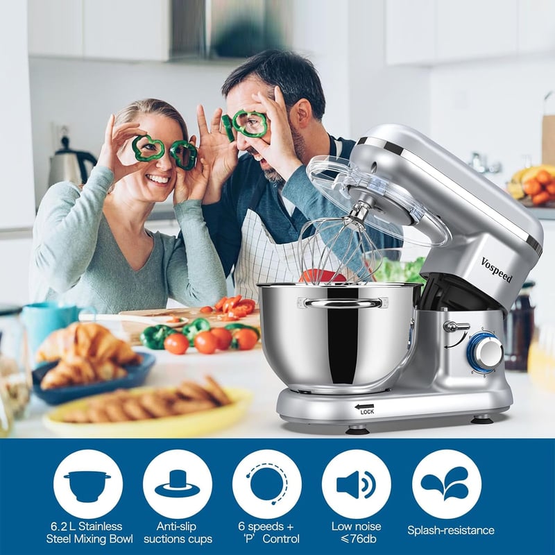 Robot de bucătărie Vospeed cu 6 viteze, argintiu, cu bol de mixare de 6,2 QT, tel, cârlig pentru aluat și separator de ouă
