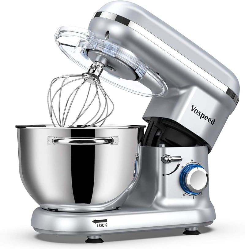 Robot de bucătărie Vospeed cu 6 viteze, argintiu, cu bol de mixare de 6,2 QT, tel, cârlig pentru aluat și separator de ouă