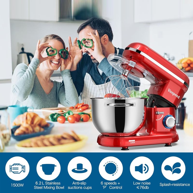 Vospeed Konyhai Robotgép 1500W - 6 Sebességes Dagasztógép 5,5L Levehető Tállal, Habverővel és Tojásszétválasztóval, Piros