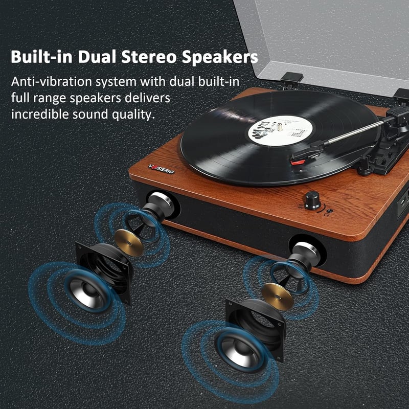 VOSTERIO Bluetooth Lemezjátszó HiFi Hangszóróval, Vintage Bakelit Lejátszó MP3/FM/USB/TF