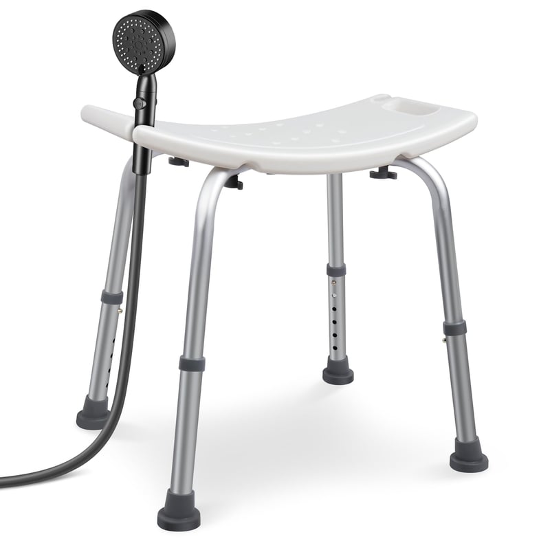 VOUNOT Nastaviteľná sprchovacia stolička biela, ergonomická stolička do kúpeľne s protišmykovými nožičkami, výška 38 – 52 cm, nosnosť max. 136 kg, pre seniorov