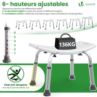 VOUNOT Nastaviteľná sprchovacia stolička biela, ergonomická stolička do kúpeľne s protišmykovými nožičkami, výška 38 – 52 cm, nosnosť max. 136 kg, pre seniorov 4