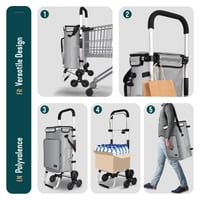 VOUNOT Aluminijska kolica za kupovinu za penjanje uz stepenice 3 u 1, sklopiva kolica sa 6 kotača s odvojivom vodootpornom torbom i kukama, 60L, siva 5