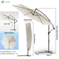 VOUNOT závesný slnečník 300 cm so stojanom, kľukou, ochranou proti vetru a krytom, otočný o 360° a naklápací, UV ochrana, béžový 6