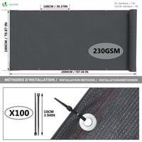 VOUNOT Árnyékoló Háló 1,8x20m Antracit HDPE 230g/m² 95% Árnyékolás UV-álló Széltörő Kerítésháló Kertbe Erkélyre Lyukakkal és Kábelkötegelőkkel 2