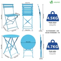 VOUNOT bistro set, trodijelni sklopivi set sa stolom i 2 stolice, čelični vrtni namještaj za balkon i terasu, plavi 4