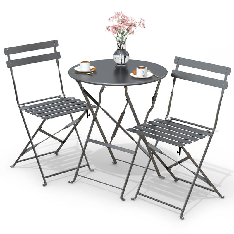 VOUNOT Bistro set, trodijelni sklopivi stol s 2 stolice, čelični vrtni namještaj za balkon i terasu, sivi