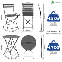 VOUNOT Bistro set, trodijelni sklopivi stol s 2 stolice, čelični vrtni namještaj za balkon i terasu, sivi 4