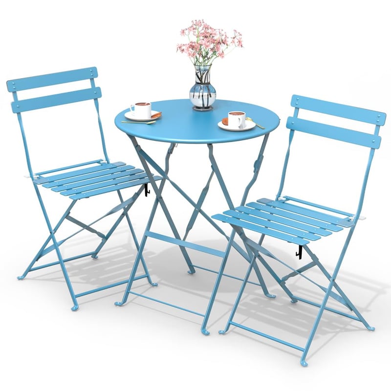 VOUNOT bistro set, trodijelni sklopivi set sa stolom i 2 stolice, čelični vrtni namještaj za balkon i terasu, plavi