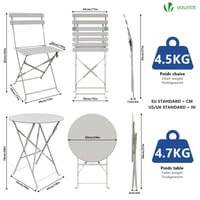VOUNOT Bistro súprava, 3-dielna so skladacím stolom a 2 stoličkami, oceľový záhradný nábytok na balkón a terasu, biela 4