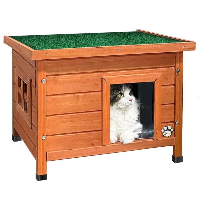 Căsuță pentru pisici VOUNOT din lemn cu acoperiș asfaltat, fereastră și ușă, adăpost exterior pentru pisici 57x45x43 cm