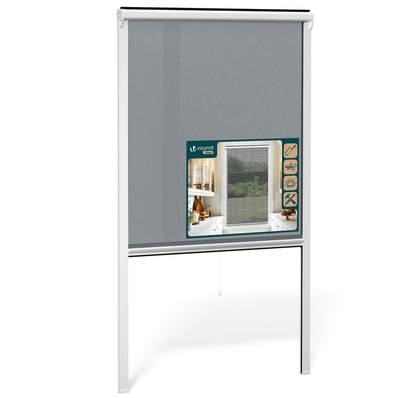 VOUNOT Rolovacia sieťka proti hmyzu na okno s PVC rámom, sieťka zo sklenených vlákien, možnosť skrátenia, jednoduchá montáž, 100 x 160 cm, biela