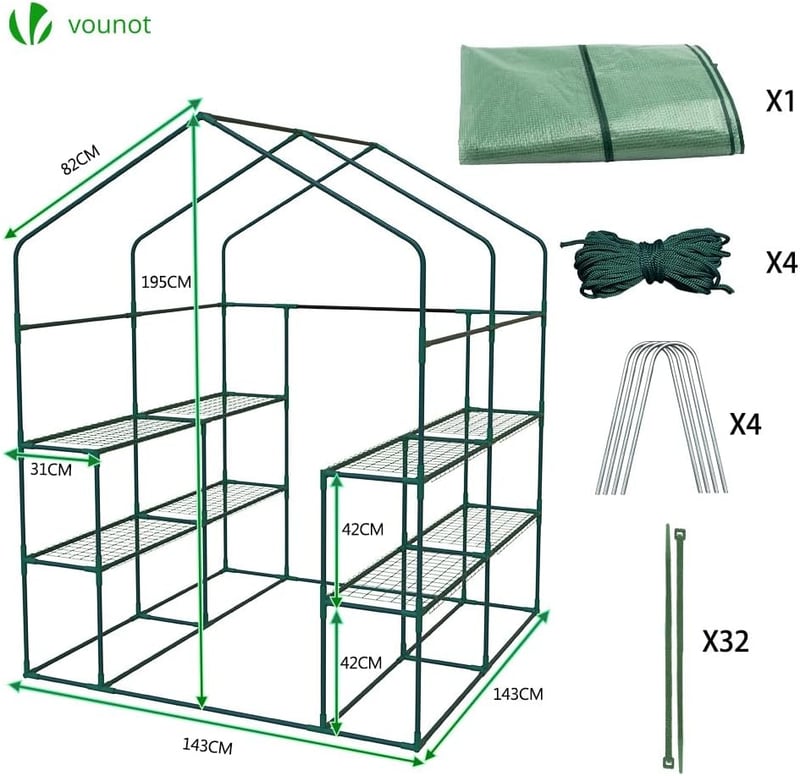 VOUNOT Fóliasátor 143x143x195cm 8 polcos kerti üvegház paradicsomhoz - 143x143x195cm, Green
