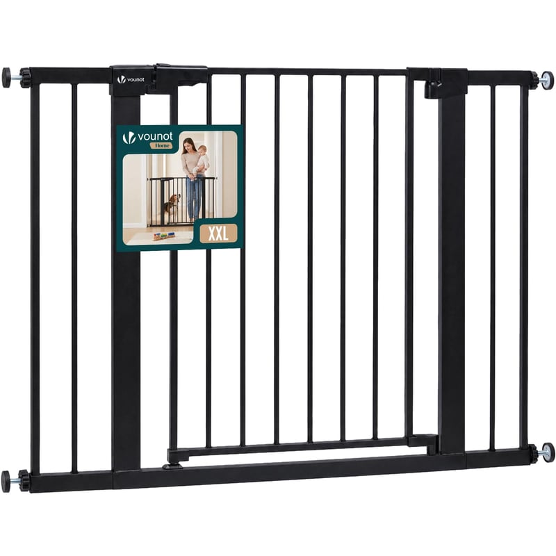VOUNOT Bezpečnostná zábrana pre deti a psov bez vŕtania, šírka 103 – 110 cm, výška 76 cm, kovová, automatické zatváranie, obojsmerné otváranie, čierna