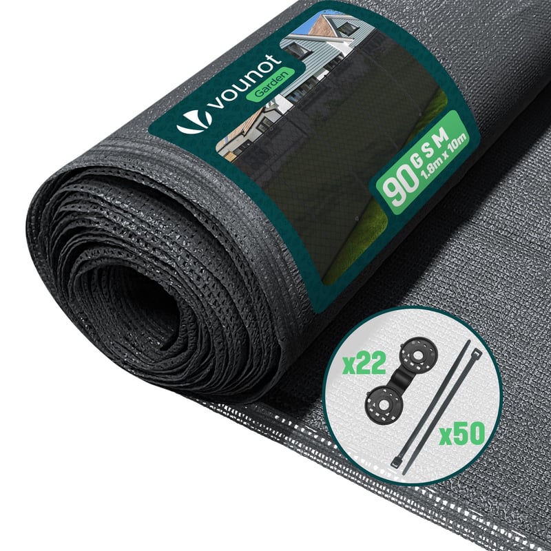 VOUNOT Krycia plachta na plot 1,8 × 10 m, HDPE tieniaca sieť na plot, odolná voči UV žiareniu, závetrie, 75 % tienenie, antracitová, s upevňovacími klipmi a sťahovacími páskami
