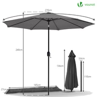 VOUNOT Kerti Napernyő 270 cm Dönthető UV Védelem Erkélyre Teraszra Kézifékkel Védőhuzattal Szürke 6