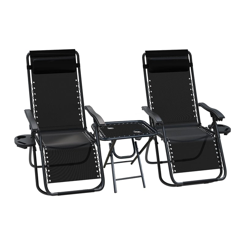 Set 2 Șezlonguri de Grădină VOUNOT cu Spătar Reglabil, Măsuță Pliabilă și Suport pentru Pahare, Material Textilenă, Tetieră, Max. 120 kg, Negru