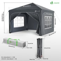 VOUNOT Vrtni paviljon 3x3 m, s 4 bočne stranice, vodootporni sklopivi šator za događaje, otporan na UV zračenje, podesiva visina, s torbom za nošenje, sivi 7