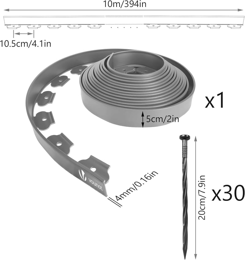 VOUNOT Kerti szegély 10 méter vagy 20 méter hosszú fűhatárolás - 10 m, Grey