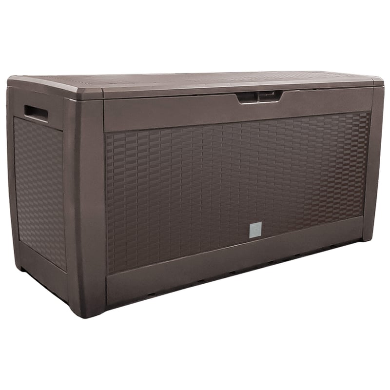Ladă de depozitare pentru grădină VOUNOT 310L, 119x48x60 cm, material PP impermeabil, cutie de depozitare pentru exterior în stil ratan, maro