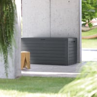VOUNOT Kerti Tárolóláda XL 280 literes 116x44x55 cm Párnásládaként is Használható Polipropilén Faanyag Hatású Vízálló Antracit 2