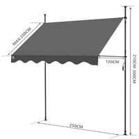 VOUNOT Výsuvná markíza na terasu, balkón a do záhrady, tieniaca clona s ručnou kľukou a nastaviteľnou výškou, 250x120x210-300 cm, sivá 3