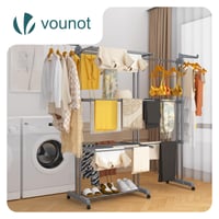 VOUNOT Výsuvný sušiak na bielizeň, 4-poschodový, s kolieskami a sklopnými krídlami, vežový sušiak na vnútorné aj vonkajšie použitie, 190x64x170 cm, sivý 2