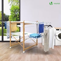 VOUNOT výsuvný sušiak na bielizeň s kolieskami, nehrdzavejúca oceľ, 30 m dĺžka na sušenie, skladací, imitácia dreva biela, 180x105x61 cm 2