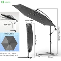 VOUNOT konzolni suncobran 300 cm siva, mehanizam na ručicu, sa zaštitnom navlakom, UV zaštita, vrtna tenda 6