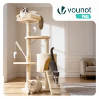 VOUNOT Grebalica za mačke, visoka 112 cm, višespratna penjalica s grebalicom, platformama, kućicom i igračkom, bež 2