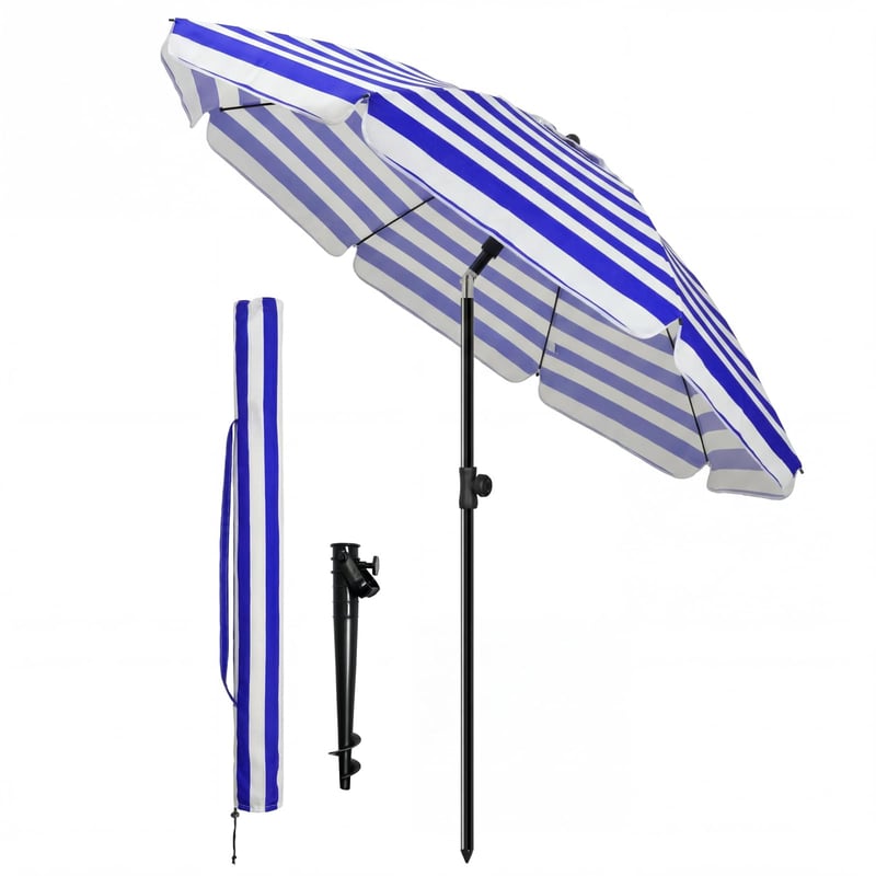 Umbrelă de soare VOUNOT 200 cm, înclinabilă și reglabilă pe înălțime, protecție UV 50+, dungi albastru-alb, cu geantă de transport, pentru grădină, terasă, plajă