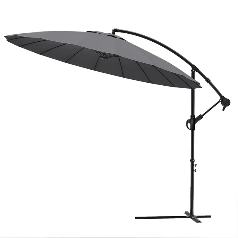 Umbrelă de soare pentru grădină VOUNOT cu deschidere laterală, diametru 300 cm, cu manivelă, protecție UV, 18 spițe din fibră de sticlă, cu husă de protecție, gri
