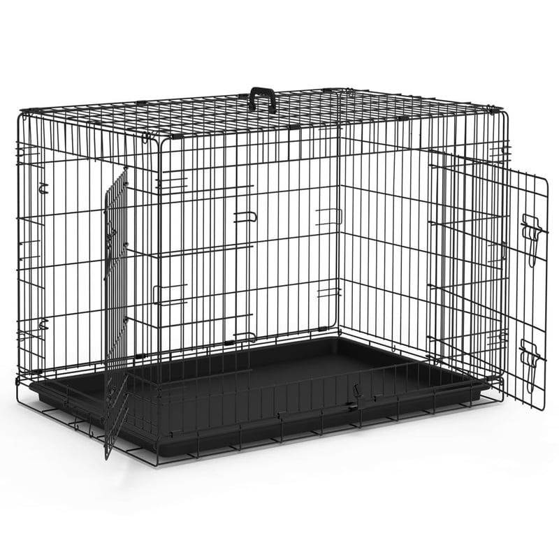 Skladacia klietka pre psov VOUNOT s 2 uzamykateľnými dverami a vyberateľnou táckou, kovová prepravka pre psov, 92x58x64 cm, čierna