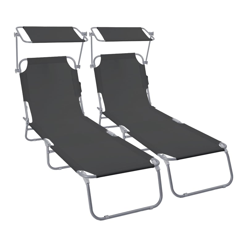 Șezlong Pliabil VOUNOT, Set 2 bucăți cu Parasolar, Spătar Reglabil în 4 Poziții, Sarcină Max. 120 kg, Scaun de Plajă/Grădină pentru Terasă, Piscină, Camping, Negru