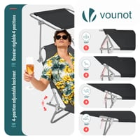 Șezlong Pliabil VOUNOT, Set 2 bucăți cu Parasolar, Spătar Reglabil în 4 Poziții, Sarcină Max. 120 kg, Scaun de Plajă/Grădină pentru Terasă, Piscină, Camping, Negru 4
