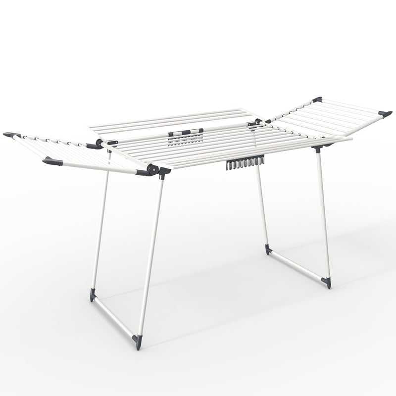 VOUNOT Összecsukható ruhaszárító állvány szárnnyal és csipeszekkel, Fehér, 25 m szárítási hossz, 175 x 92 x 106 cm, beltéri kültéri