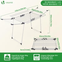 VOUNOT Összecsukható ruhaszárító állvány szárnnyal és csipeszekkel, Fehér, 25 m szárítási hossz, 175 x 92 x 106 cm, beltéri kültéri 3