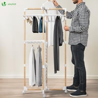 VOUNOT Összecsukható Torony Ruhaszárító 3 Szintes, 25 m Szárítófelület, 4 Görgővel és 6 Szárnyakkal, Platzsparoló Állványszárító, Fehér, Fa Hatású 2