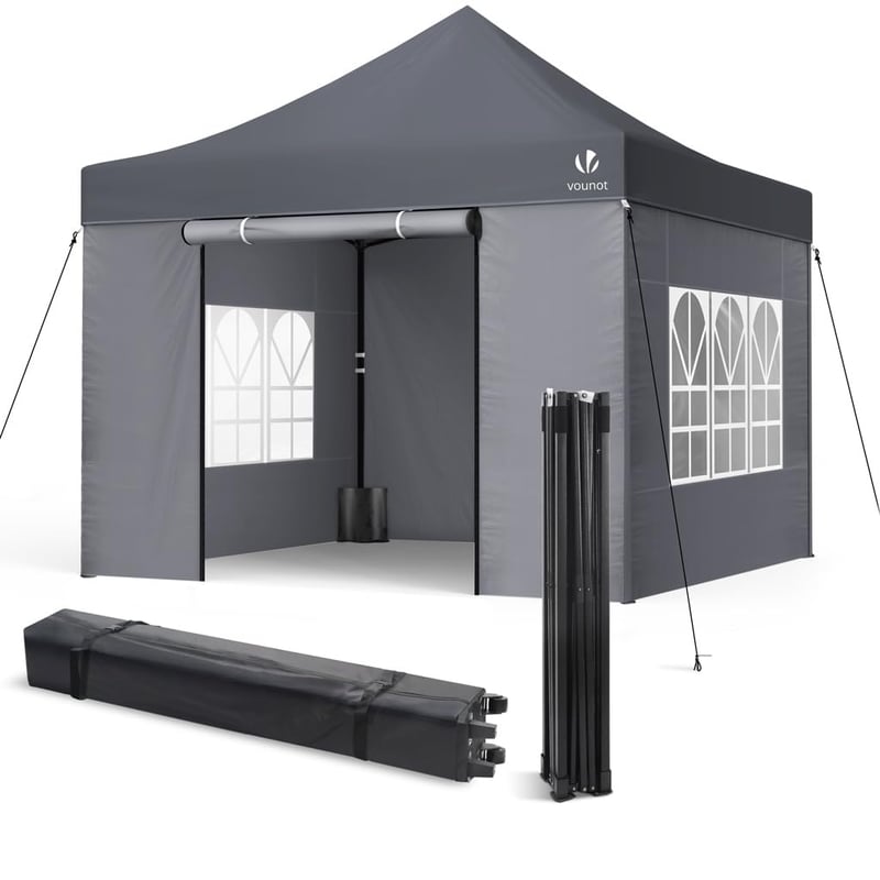 Foișor VOUNOT 3x3 m, Impermeabil, Pliabil, pentru Grădină, Tip Pop-Up, cu 4 Panouri Laterale și 4 Saci de Nisip, Gri