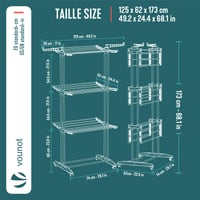 Uscător de rufe vertical VOUNOT cu 4 niveluri, pliabil, cu roți și aripi laterale, pentru uz interior și exterior, 125x62x173 cm 3