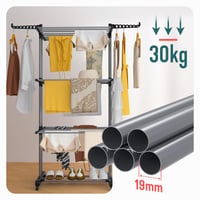 Vežový sušiak na bielizeň VOUNOT, 4-poschodový, skladací, s kolieskami a bočnými krídlami, na vnútorné aj vonkajšie použitie, 126x63x170 cm, čierno-sivý 7